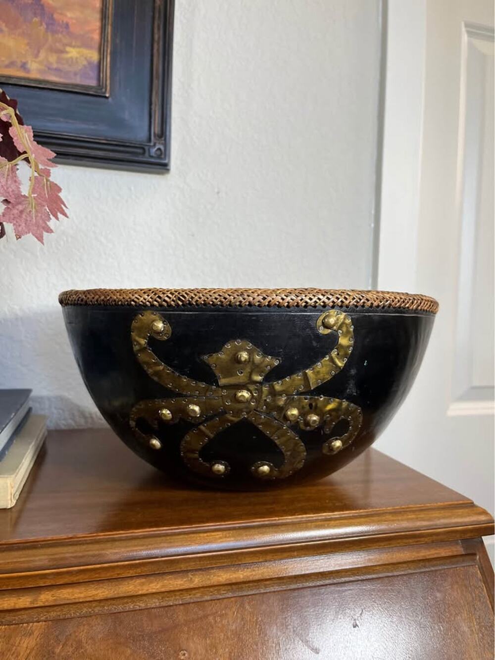 Vintage Handcrafted Wood Bowl with Brass Inlay and Wicker Rim